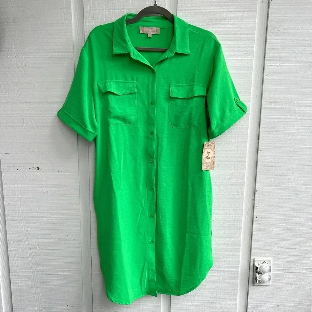 Women’s Time to Bloom Bright Green Pocketed Button Down Shirt Dress